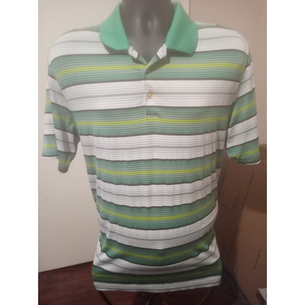 Nike Golf Tour Performance Green Gray Striped Dri Fit Casual Polo Shirt Large L